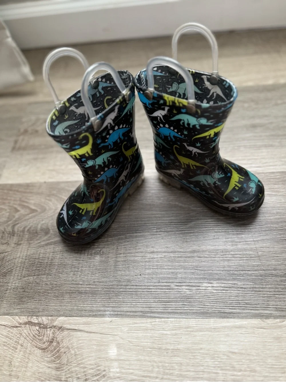 Othr Kids Rain Boots in Black with Blue & Green Dinosaur Print